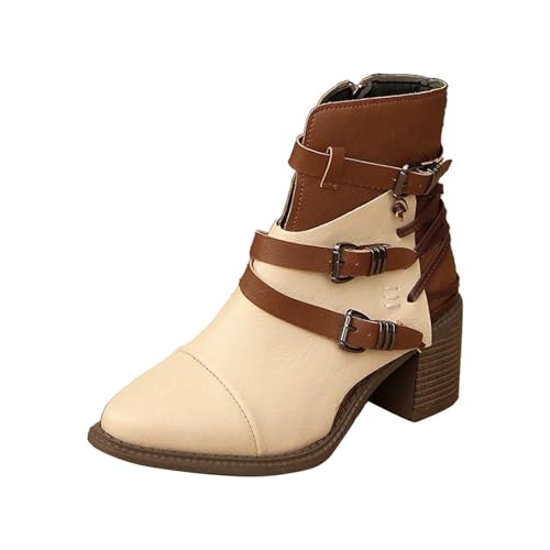 Stiefeletten mit seitlichem Reißverschluss Schnalle klobigem Absatz sowie spitzer Zehenpartie stilvolle Damen Ankle Boots für Moderne (Beige, 37) von Generic