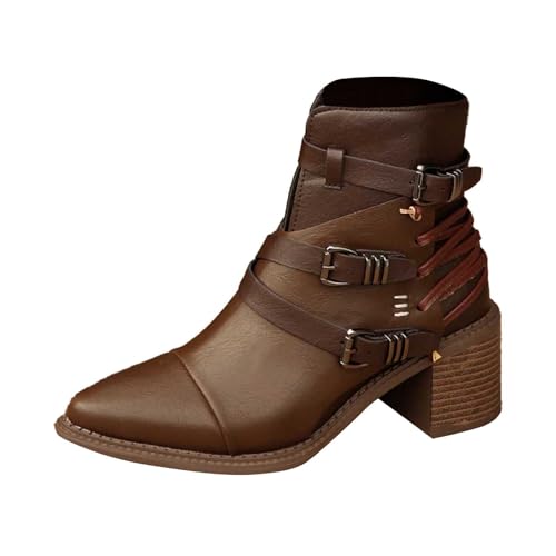 Stiefeletten mit seitlichem Reißverschluss Schnalle klobigem Absatz sowie spitzer Zehenpartie stilvolle Damen Ankle Boots für Moderne (Brown, 42) von Generic