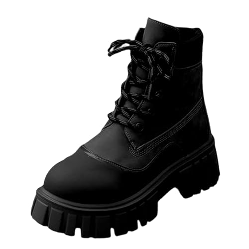 Stiefeletten rutschfest Damen Schnürstiefeletten Plateau Stiefel Cowboy Boots Leder Westernstiefel Elegant Winterschuhe Mit Absatz Kurz Halbschuhe Outdoor von Generic