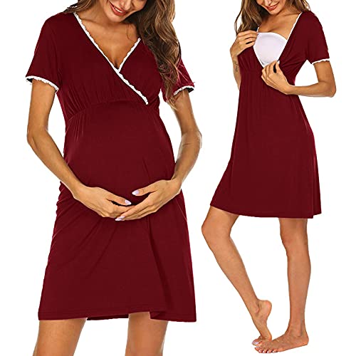 Stillnachthemd Damen Kurzarm Baumwolle Mutterschaft Nachthemd Umstandskleid mit Knopfleiste V Ausschnitt Umstandsnachthemd für Schwangere oder Stillende Frauen von Generic