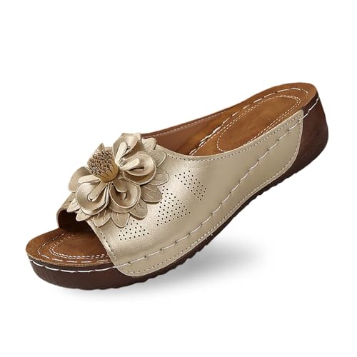 Stilvolle Damen-Slipper mit offenem Zehenbereich und Keilabsatz, Lederoberteil und Blumenmuster sind Bequeme Schuhe mit Temperament Schuhe Damen 42 Wasserdicht von Generic