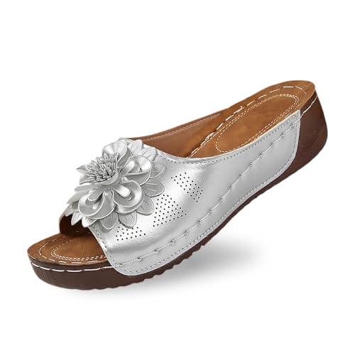 Stilvolle Damen-Slipper mit offenem Zehenbereich und Keilabsatz, Lederoberteil und Blumenmuster sind Bequeme Schuhe mit Temperament Schuhe Glitzer Damen Pumps von Generic