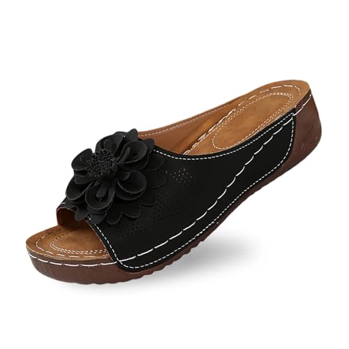 Stilvolle Damen-Slipper mit offenem Zehenbereich und Keilabsatz, Lederoberteil und Blumenmuster sind Bequeme Schuhe mit Temperament Schwarz Weiße Schuhe Damen von Generic