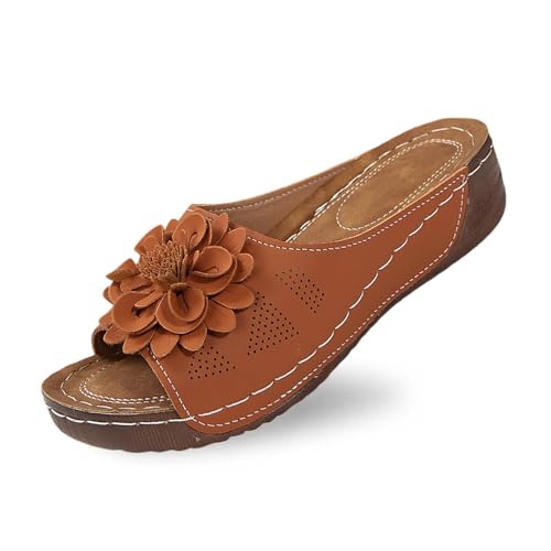 Stilvolle Damen-Slipper mit offenem Zehenbereich und Keilabsatz, Lederoberteil und Blumenmuster sind bequeme Schuhe mit Temperament Schuhe Damen 42 Wasserdicht von Generic