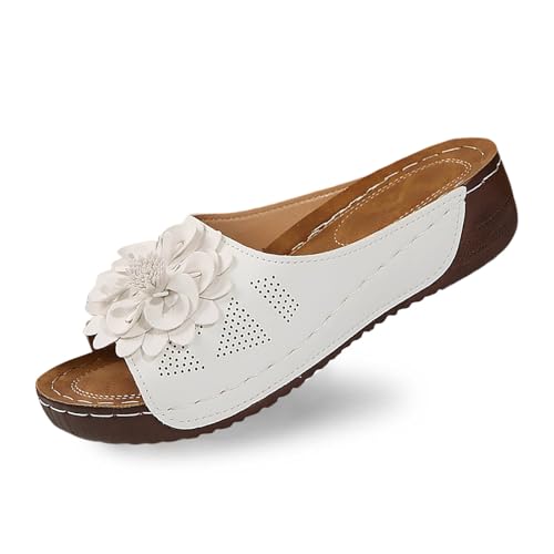 Stilvolle Damen-Slipper mit offenem Zehenbereich und Keilabsatz, Lederoberteil und Blumenmuster sind bequeme Schuhe mit Temperament Schuhe Damen 42 Wasserdicht von Generic