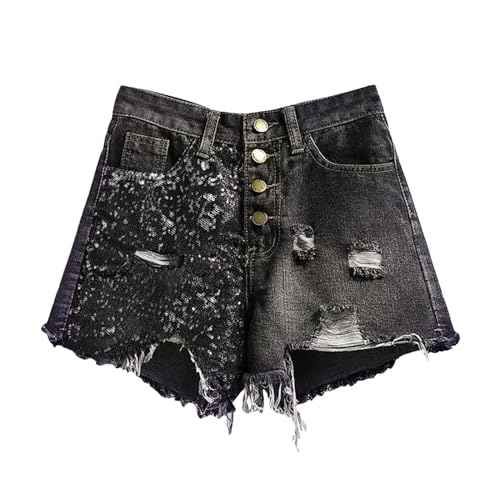 Stilvolle Klassische Patchwork Lochshorts Mit Hoher Taille Und A Linie Für Damen Denim Shorts Mit Pailletten Dark gray9 XL von Generic