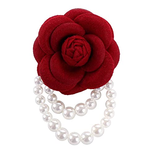 Stoff Kamelie Blume Brosche Pins Perle Quaste Corsage Brosche Vintage Stil Mädchen Geschenk Hemd Kragen Modeschmuck Pin (rot) von Generic