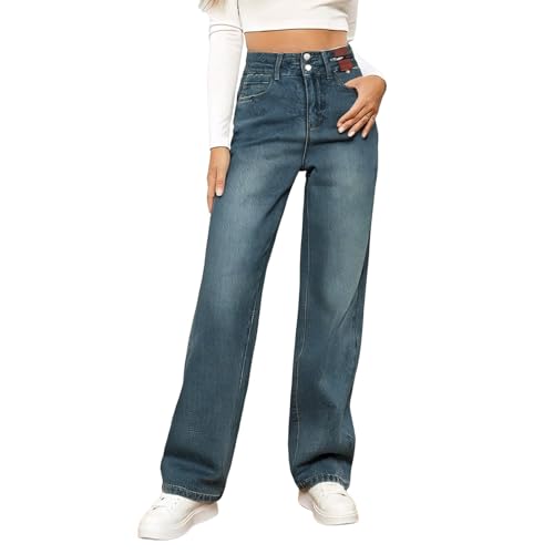Straight Leg Jeans Damen Stretch - Jeanshose Damen High Waist Baggy Denimhose Oversized Boyfriend-Jeans Gersdes Bein Stretchjeans Loose Fit Hüftjeans Y2K Jogginghose Hiphop Streetwer von Generic