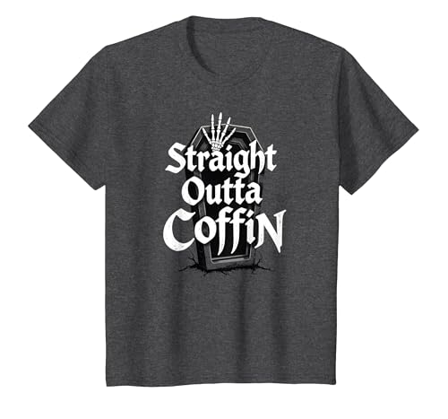Straight Outta Sarg Gruseliges Halloween Gothic Horror T-Shirt, Kinder, Anthrazit Meliert, 140 von Generic