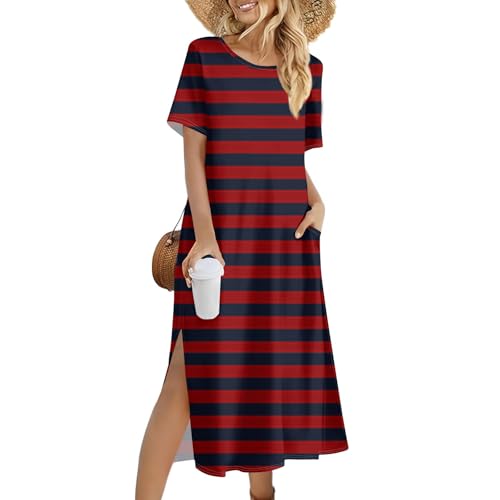 Strand Damen Sommerkleid Kurzarm Rundhals Ausschnitt Wickelkleid lang Kleid mit Taschen Floral Party Kleid Loose Swing Freizeitkleid Abendkleider für Frauen C Wine XXL Strand Damen Sommerkleid Kurzarm Rundhals Ausschnitt Wickelkleid lang Kleid mit Taschen Floral Party Kleid Loose Swing Freizeitkleid Abendkleider für Frauen C Wine XXL von Generic