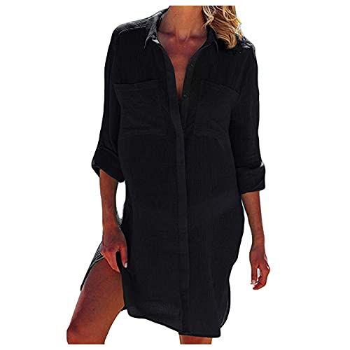 Strandhemd Damen Lang - Leinenkleid Damen Weiß Boho - Leicht Strandbluse Langarm Strandkleid Luftig Sommerkleid Strandmantel Leinen Strandkleider Sommer Strandponcho Strandtunika Strandjacke Bikini von Generic