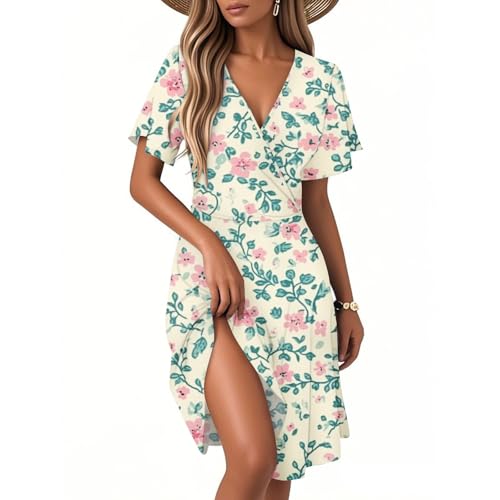 Strandkleid Damen, Kleid Damen Sommer A-Linie Kurzarm Knielang Wrap Kleid Elegant und Bequem Gesmokt Freizeitkleider mit Rüschen Ärmel Mädchen Kleider für Hochzeit & Date F Mint Green L von Generic