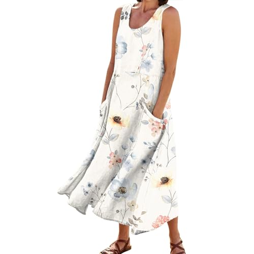Strandkleid Damen Abendkleid Damen Elegant Rockabilly Freizeitkleid Brautjungfernkleider Kleid Damen Freizeit Swing Strandkleider Mit Taschen Kleider Damen Sommer Damen Kleider Maxikleid（1-Beige,3XL） von Generic