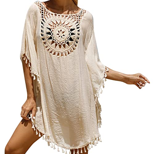 Strandkleid Damen Bikini Cover Up Strandtunika Gestrickte Boho Strandponcho Badeanzug Pareos Beach Crochet Cover Up Vertuschen Shirt für Urlaub Einheitsgröße von Generic