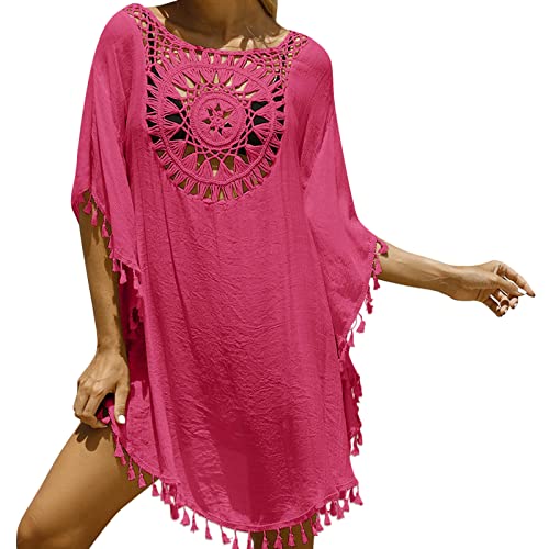 Strandkleid Damen Bikini Cover Up Strandtunika Gestrickte Boho Strandponcho Badeanzug Pareos Beach Crochet Cover Up Vertuschen Shirt für Urlaub Einheitsgröße von Generic