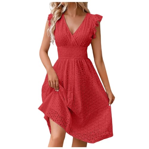 Strandkleid Damen Elegant Einfarbig Spitze Hohl Freizeitkleid V-Ausschnitt Rüschen Kurze Ärmel Mini Kleid Tunika Kleid Blusekleid Bohemien Kleid Freizeit Kleid Sommer Kleid Minikleid Strandkleid von Generic