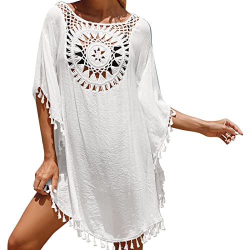 Strandkleid Damen - Häkeln Bikini Cover Up Damen Strandtunika Sexy Badeanzug Sommer Strandponcho Boho Kleid mit Quasten Kurz Sommerkleid Strandurlaub Bademode Pareos & Strandkleider für Damen von Generic