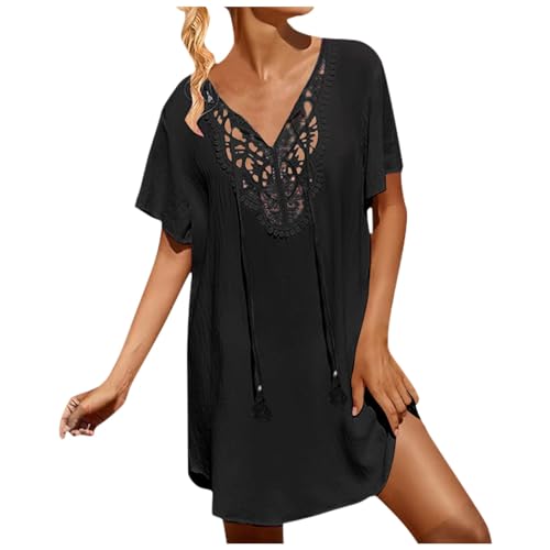 Strandkleid Damen Kurz Strandkleider Damen Leicht und Luftig Badekleid Frauen Schwarz Rot Bikini Cover Up Kleid Schwimmkleid Kuzarm Grün Strandtunika Coverup Strand von Generic