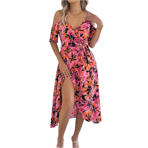 Strandkleid Damen Lang, Damen Sommerkleider Lang Elegant V Ausschnitt Boho Maxikleid Leicht und Luftig Schlitz Wickelkleid Hohe Taille Off-Shoulder Strandkleider mit Gürtel XL B Black von Generic