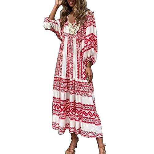 Strandkleid Damen Lang - Boho Kleid Damen V Ausschnitt -Strandkleid Damen Kurzarm Maxikleid Blumen Karierte Druck Lockeres A Linien Swing Langes Kleider Strand Urlaub Sommerkleider Sommerkleider von Generic