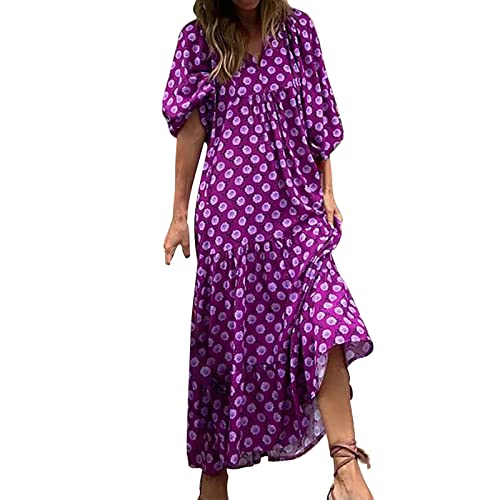 Strandkleid Damen Lang - Boho Kleid Damen V Ausschnitt -Strandkleid Damen Kurzarm Maxikleid Blumen Karierte Druck Lockeres A Linien Swing Langes Kleider Strand Urlaub Sommerkleider Sommerkleider von Generic