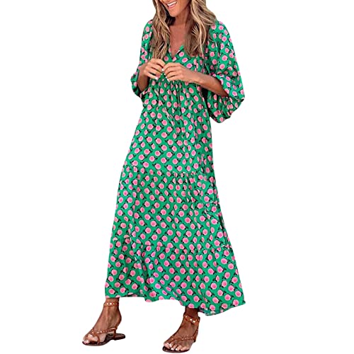 Strandkleid Damen Lang - Boho Kleid Damen V Ausschnitt -Strandkleid Damen Kurzarm Maxikleid Blumen Karierte Druck Lockeres A Linien Swing Langes Kleider Strand Urlaub Sommerkleider Sommerkleider von Generic