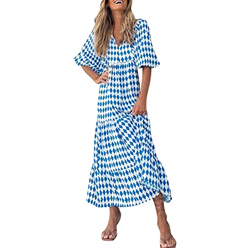 Strandkleid Damen Lang - Boho Kleid Damen V Ausschnitt -Strandkleid Damen Kurzarm Maxikleid Blumen Karierte Druck Lockeres A Linien Swing Langes Kleider Strand Urlaub Sommerkleider Sommerkleider von Generic