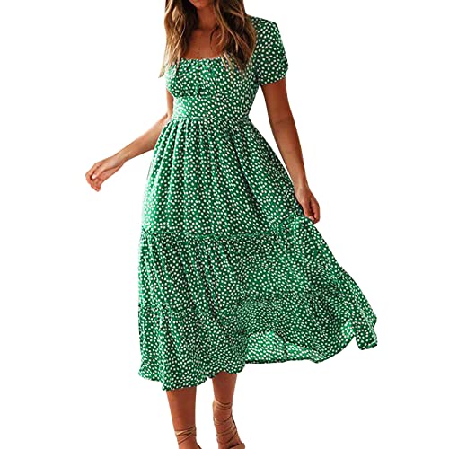 Strandkleid Damen Lang - Sommerkleid Elegant Boho Kleid Sommer Blumen Drucken Sexy U-Ausschnitt Puffärmel Kurzarm Plissee Swing Midi Lange Kleider Festlich Blumenkleid Partykleid Freizeitkleid von Generic