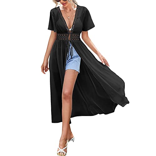 Strandkleid Damen Lang Strandkleider Damen Leicht und Luftig Badekleid Schwarz Bikini Cover up Kimono Schwimmkleid Kuzarm Weiß Strandtunika Kaftan Schwimmkleider von Generic