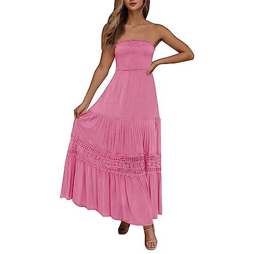 Strandkleid Damen Sommer - Bandeau Kleid Lang Schulterfreies Sommerkleid Sexy Trägerlos Off Shoulder Rückenfrei Spitzenbesatz Maxikleid Swing A Line Langes Kleider Boho Kleid Partykleid von Generic