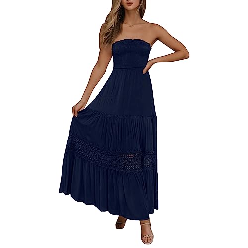 Strandkleid Damen Sommer - Bandeau Kleid Lang Schulterfreies Sommerkleid Sexy Trägerlos Off Shoulder Rückenfrei Spitzenbesatz Maxikleid Swing A Line Langes Kleider Boho Kleid Partykleid von Generic