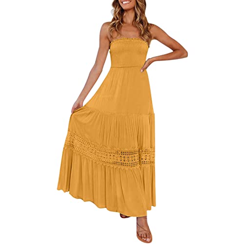 Strandkleid Damen Sommer - Bandeau Kleid Lang Schulterfreies Sommerkleid Sexy Trägerlos Off Shoulder Rückenfrei Spitzenbesatz Maxikleid Swing A Line Langes Kleider Boho Kleid Partykleid von Generic