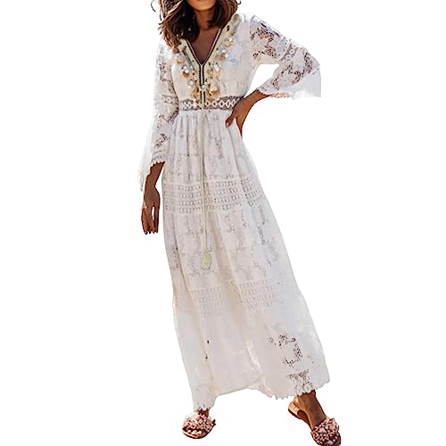 Strandkleid Damen Sommer - Maxikleid Damen Spitzenkleid Sommerkleid Lang V Ausschnitt BohoSpitzen Häkelkleid Langarm Quaste Swing Langes Kleider Festlich Elegant Party Freizeitkleid für Fauen von Generic