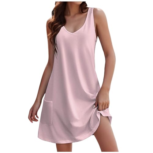 Strandkleid Damen Sommer Trägerkleid V-Ausschnitt Sommerkleider Damen Knielang Lässiges Kleider mit Taschen Sommerkleid Teenager MäDchen Freizeitkleid ärmelloses Kleid Lockeres Tank Top Kleid von Generic