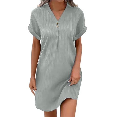 Strandkleid Damen Sommerkleid Damen Knopfleiste Knielang Strandkleid Einfarbig Komfortabel Boho Blusenkleid Style Freizeit Kleid (Grey-B, S) von Generic