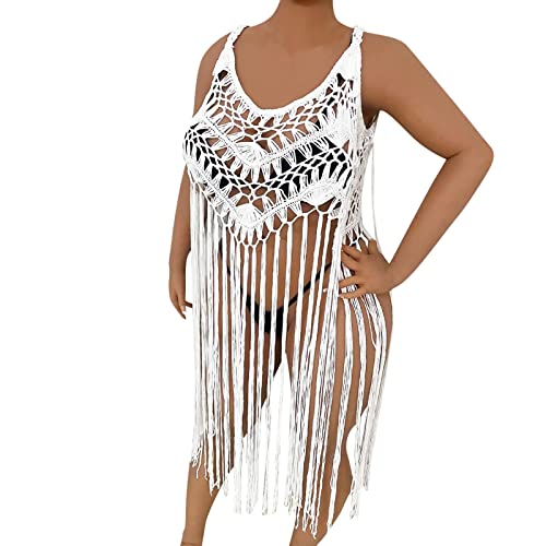 Strandkleid Damen Spaghetti-Trägern, Quaste, gehäkelt, für Damen, sexy Fransen-Saum, Badeanzug Boho Strandurlaub Badeanzug Bikini Cover Up (Z1-White, One Size) von Generic