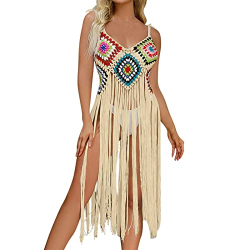 Strandkleid Damen Spaghetti-Trägern, Quaste, gehäkelt, für Damen, sexy Fransen-Saum, Badeanzug Boho Strandurlaub Bademode Badeanzug Bikini Cover Up von Generic