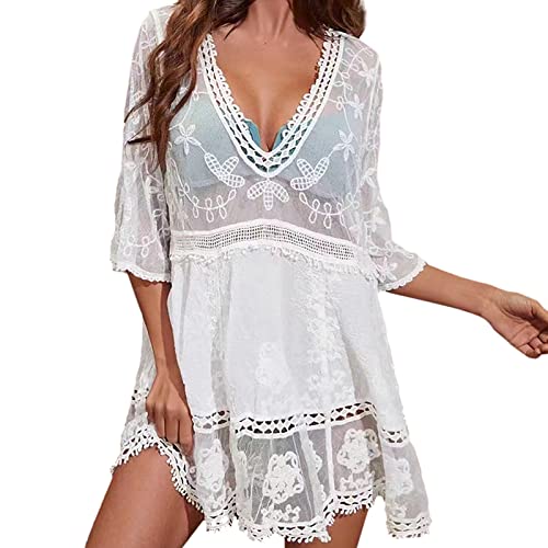 Strandkleid Damen Spitze Strandtunika Sommer V-Ausschnitt Transparent Strand Cover Up Gehäkelt Strandkleider Tunika Strandponcho Pool (Weiß, One Size) von Generic