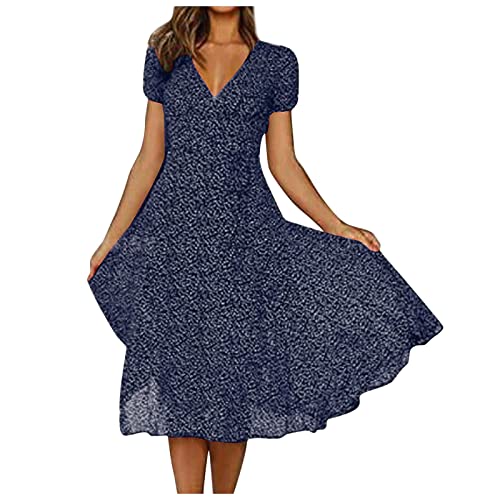 Strandkleid Damen Wadenlang V Ausschnitt Luftig Sommerkleid Damen Geblümt Kurzarm Kleid Damen Sommer A Linie Elegant Luftige Sommerkleider Punkte Leicht Damenkleider Sommer Locker Prinzessin von Generic