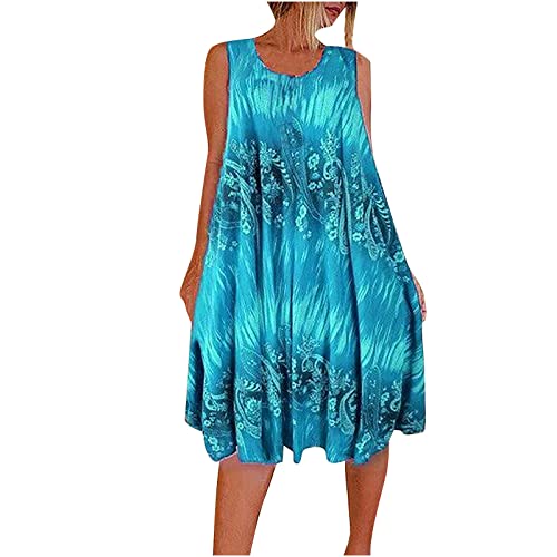 Strandkleid Damen ärmellos Tank Top Kleid Lockeres Bedrucktes Strandkleid Swing a Linie Midikleid Knielang Große Größen Strandkleid Urlaub Plissee Kleider Sommer Luftig Leicht Sommerkleider von Generic