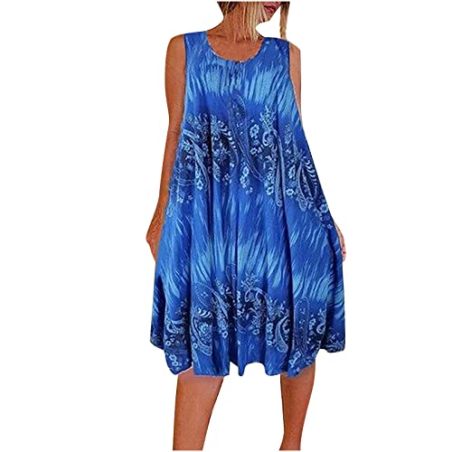 Strandkleid Damen ärmellos Tank Top Kleid Lockeres Bedrucktes Strandkleid Swing a Linie Midikleid Knielang Große Größen Strandkleid Urlaub Plissee Kleider Sommer Luftig Leicht Sommerkleider von Generic