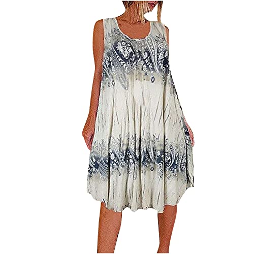 Strandkleid Damen ärmellos Tank Top Kleid Lockeres Bedrucktes Strandkleid Swing a Linie Midikleid Knielang Große Größen Strandkleid Urlaub Plissee Kleider Sommer Luftig Leicht Sommerkleider von Generic