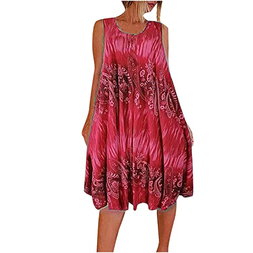 Strandkleid Damen ärmellos Tank Top Kleid Lockeres Bedrucktes Strandkleid Swing a Linie Midikleid Knielang Große Größen Strandkleid Urlaub Plissee Kleider Sommer Luftig Leicht Sommerkleider von Generic