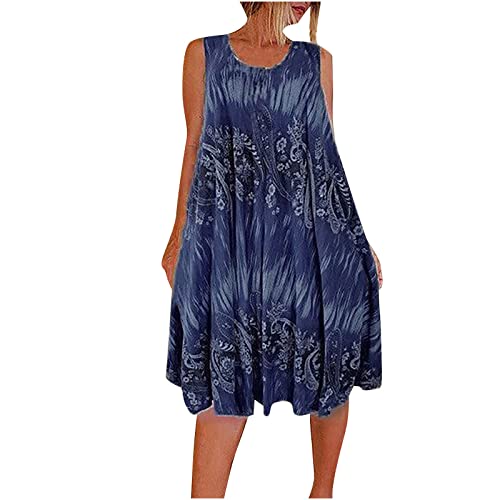 Strandkleid Damen ärmellos Tank Top Kleid Lockeres Bedrucktes Strandkleid Swing a Linie Midikleid Knielang Große Größen Strandkleid Urlaub Plissee Kleider Sommer Luftig Leicht Sommerkleider von Generic