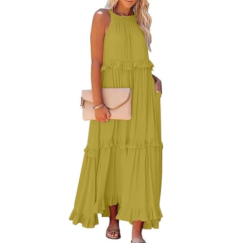 Strandkleid Damen lang White Dress jerseykleid Einfarbig Neckholder Ärmellose Maxi Kleid Womens Dresses Partykleid(Gelb, S) von Generic