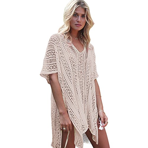 Strandkleid-Gehäkelt Lang Boho Kleid Damen Häkel Sommerkleid Netz Löcher Strandkleider Midi Kaftan Sexy Bikini Sommer Strandponcho Lang Badeanzug Strick Badeponcho Luftig Netzkleider Häkelkleid von Generic