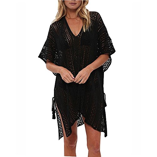 Strandkleid-Gehäkelt Lang Boho Kleid Damen Häkel Sommerkleid Netz Löcher Strandkleider Midi Kaftan Sexy Bikini Sommer Strandponcho Lang Badeanzug Strick Badeponcho Luftig Netzkleider Häkelkleid von Generic