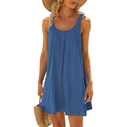 Strandkleider Damen Sommer Knielang Plissee Sommerkleid Ärmellos Minikleid Boho Kleid Trägerkleid Kleider Strandponcho Bikini Cover Up Beach Dress Strandmode Strandkleid von Generic