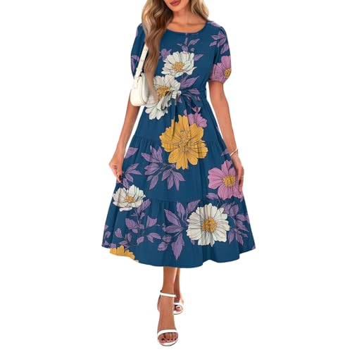 Strandkleider Damen Sommer Sommerkleid Rundhals Puff Ärmel Stufenkleid Boho Blumenkleid Elegant Swing Tunika Kleid mit Taschen Leicht und Luftig Freizeitkleid mit Schnürung C Royal Blue S von Generic