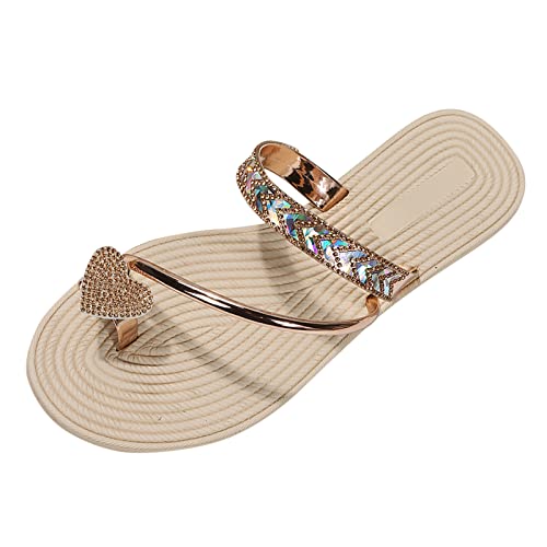 Strandschuhe Duschlatschen Zehenstegpantolette, einfarbig, helles, Liebe, Strass, Abdeckung, Zehenstroh, gewebt, flacher Boden, Strandsandalen Freizeitschuhe Bequem Weich Slip-On Beach Sandals von Generic